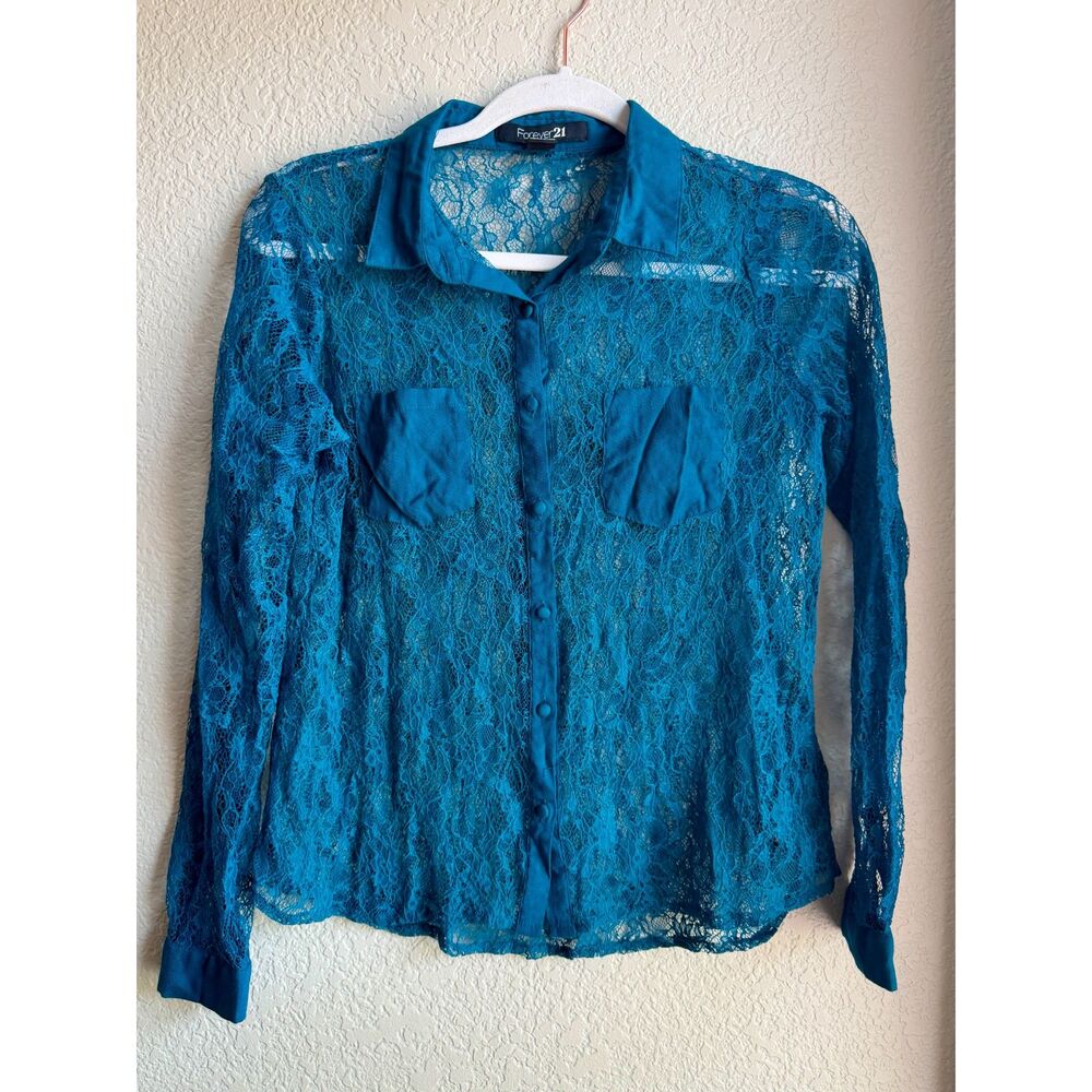 Forever 21 Teal Floral Lace Button Down Blouse Small Sheer 2010s